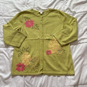 Vintage Y2K Retro Womens Medium 3/4 Sleeve‎ Tropical Pineapple Floral Cardigan
